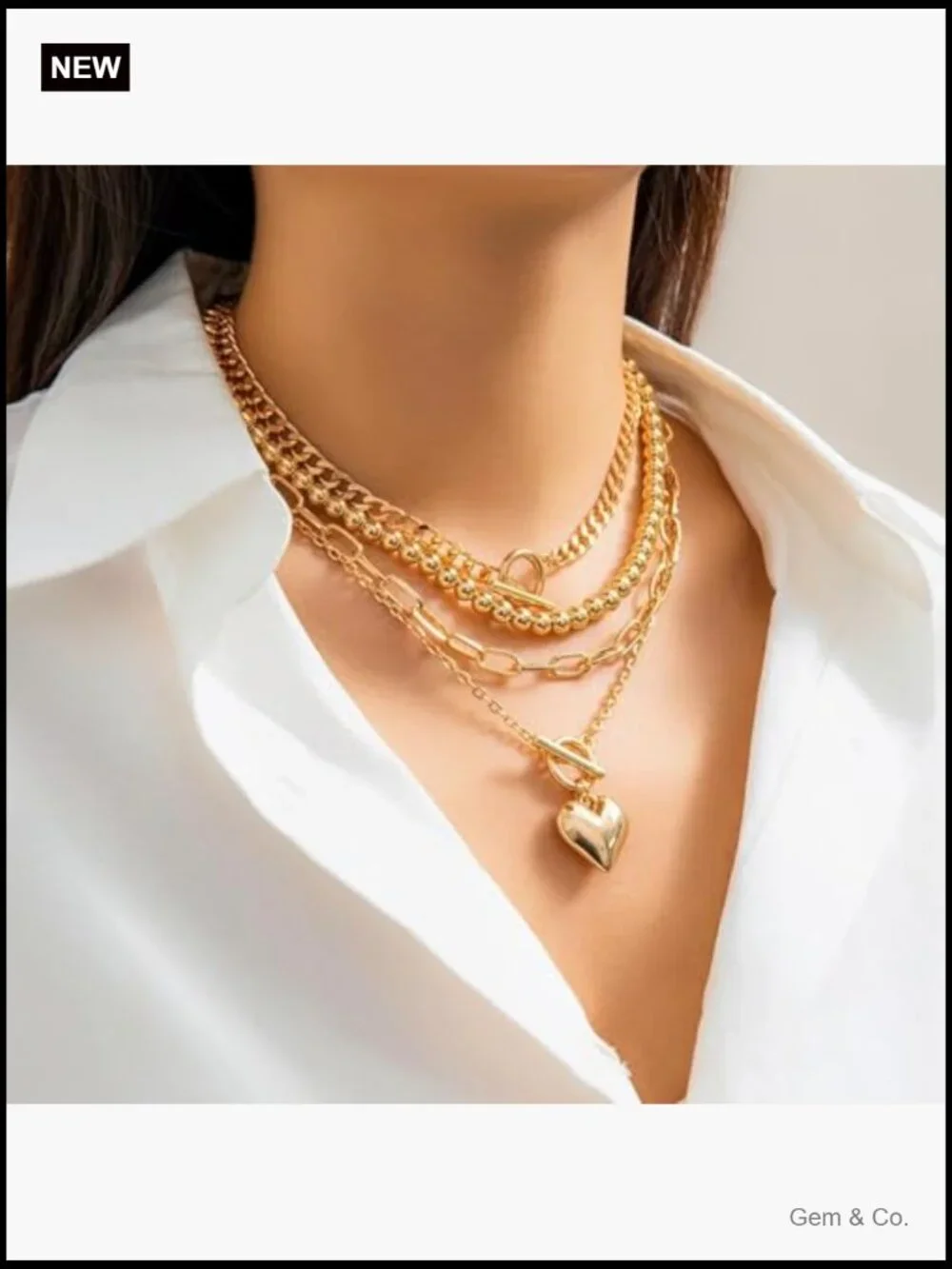 Layered Gold Heart Paperclip Necklace Set Chunky Trendy Party Jewelry
